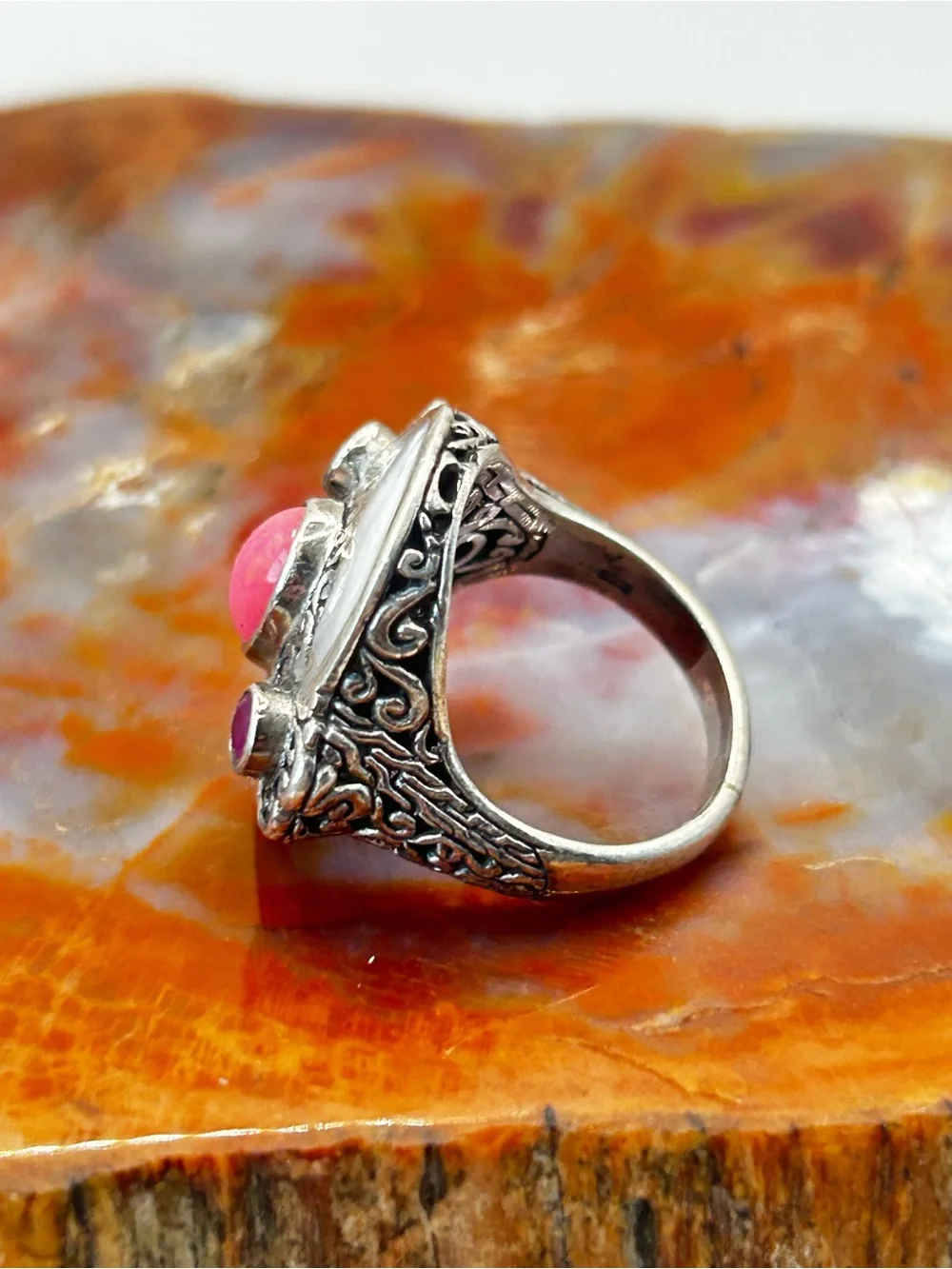 Sterling Silver Ring with Mother of Pearl Shell, synthetic pink opal and ruby